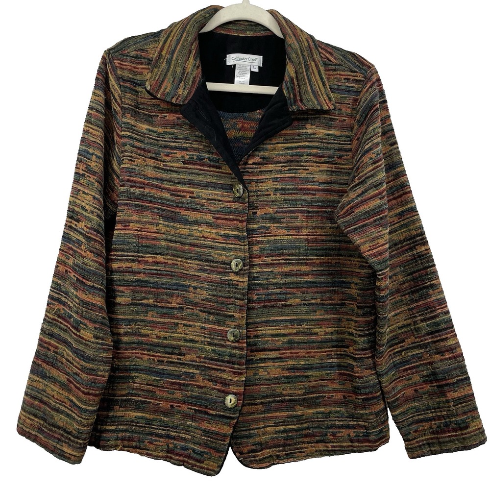 Coldwater Creek Size L Lightweight Jacket Brown Earth Tones Artsy Shacket Womens